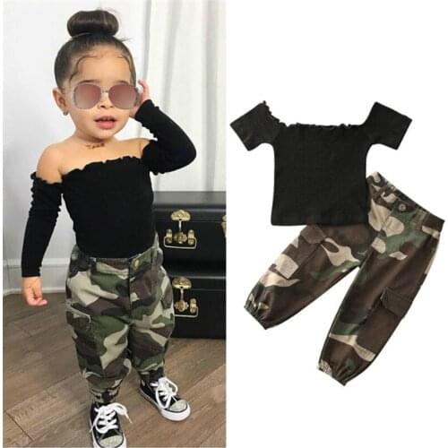 1-6Y Children Baby Girls Summer Clothes Sets Short Sleeve Off Shoulder Knitted T Shirts Tops+Camouflage Pants Leggings 2pcs