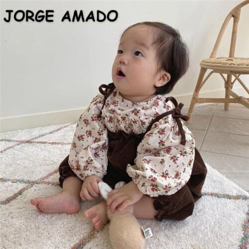 2021 New Korean Style Spring Baby Girls 2-pcs Sets Long Floral Shirts Top +Corduroy Sling Jumpsuit Children Clothes E3971