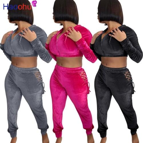 HAOOHU 2021 Women 2 Piece Set Tracksuits Fashion Casual Sport Outfits Suits Velvet Long Sleeve Short Hoodie Sweatshirts+Pants