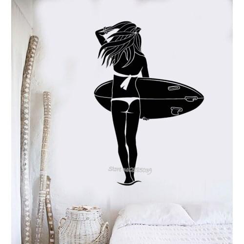 Art Wall Stickekr Vinyl Wall Decal Surfing Sports Girl Beach Ocean Stickers Mural Adesivo De Parede Removable Wallpaper LA621