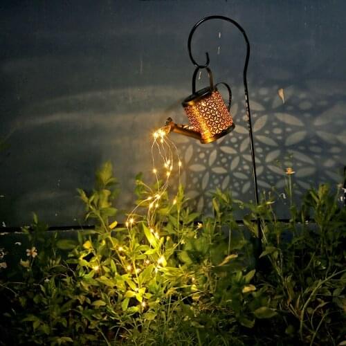 Wrought Iron Hollow Out Lamp Metal Solar Powered Watering Can Sprinkles Fairy Light LED Outdoor Garden Waterproof Shower Light