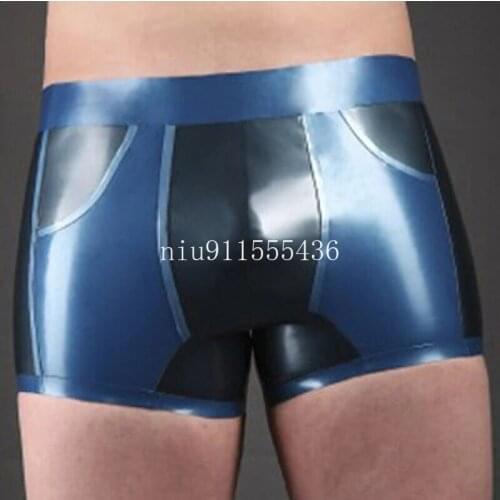 Handmade Latex Shorts Men Black with Blue Tight Rubber Boxer Underwear Size S-XXL