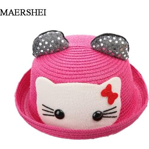 MAERSHEI Summer boy girls Straw Hats Sequin Sun Hats for kids cute cat ear Beach Hats sunscreen chapeau cap