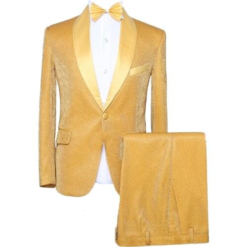 Mens Gold Tuxedo Fashion Slim Fit Groom 2-Piece Suit Singer Drummer Host Party Prom Stage Costume Night Club Male Suits