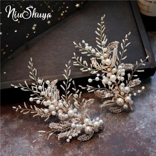 NiuShuya Fashiin Jewelry Handmade Gold Crystal Pearl Hairwear Bride Leaf Vine Headdband Wedding Hair Accessories