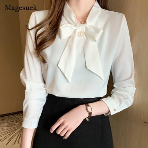 2021 Autumn New Bow Satin Long Sleeve Shirt Women Office Lady Solid Beading Women Blouse Plus Size Pullover Ladies Tops 10496