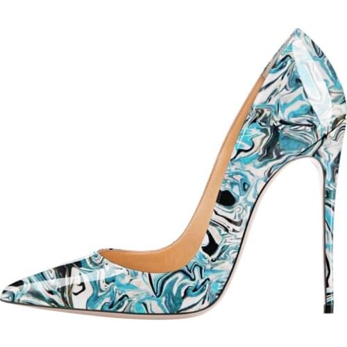 New Printing Patent Leather High Heel Woman Pointed Toe Thin Heels Pumps Ladies 12cm Stiletto Party Dress Shoes For Women D004A