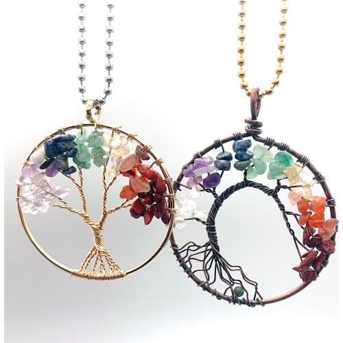 Crystal Natural Stone Pendants Stainless Steel Necklace Silver Gold Colorful Tree of Life Natural Stone Jewelry Accessories Gift