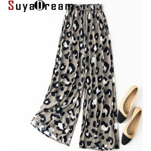 SuyaDream Woman Wide Leg Pants Silk Satin Elastic Waist Leopard Printed Pants 2021 Spring Summer Casual Trousers