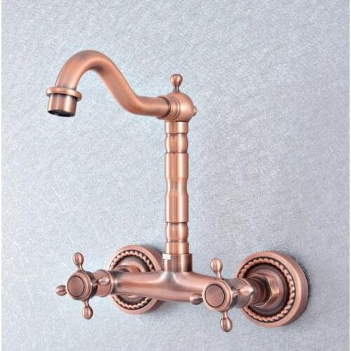 Basin Faucets Antique Red Copper Bathroom Kitchen Faucet Swivel Wall Mounted Dual Handle Hot Cold Mixer Taps Nsf859