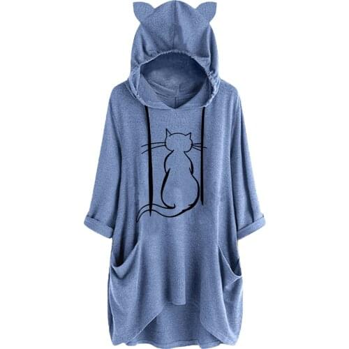 Oversized hoodie Womens Cat Back Print Big Size Loose Long Hooded Pockets Cat Ear Pullove Top Autumn Kawaii Hoodies Sweatshirts