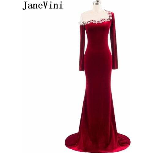 JaneVini 2018 Vintage Burgundy Bridesmaid Dresses with Sequins Crystal Mermaid Long Sleeves Velvet Formal Prom Gowns Sweep Train