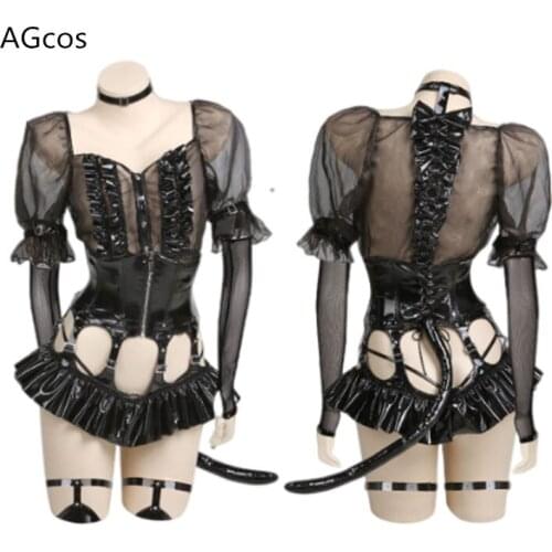 AGCOS Girl Black Cat Lovely Leather Jumpsuits Woman Sexy Summer Swimwear Lingeries Halloween Split Cosplay