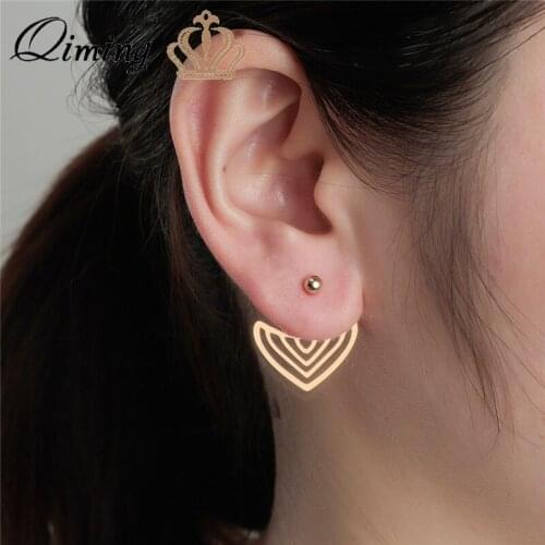 QIMING Hollow Heart Ear Jackets Stainless Steel Earrings For Women Fashion Jewelry Geometric Bohemia Stud Earrings Gift