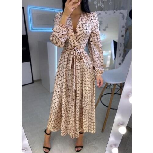 Geometry Polkadot Print V Neck Wrap Long Dress 2020 Elegant Women Plunge Wrap Party Dress Maxi Dresses Vestidos