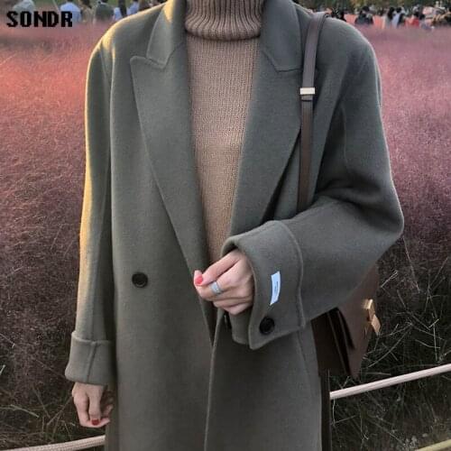 One-Piece Korean Office Ladies Jacket 2020 Autumn Winter Simple Lapel Loose Two Buckle Long Double-Sided Woolen Coat Women Coat