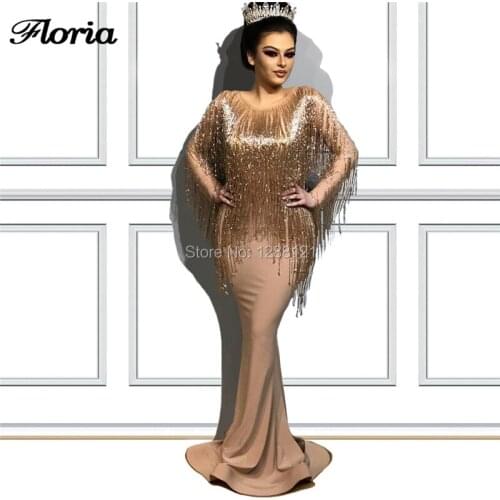 Gold Tassel Long Evening Dresses For Dubai Arabic 2020 Robe De Soiree New Couture Mermaid Muslim Prom Dress Pageant Gown Kaftans