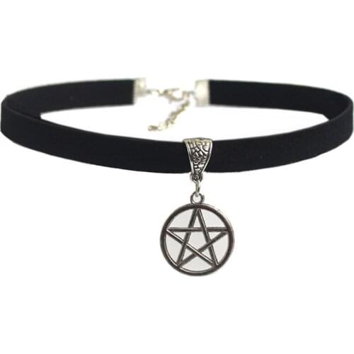 1pcs Fashion Jewelry Choker Necklace Black 10mm Flat Faux Suede Cord Pentagram Star Charm 13" Choker Necklace