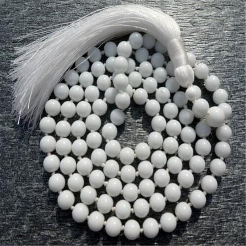 6mm White Jade Knotted Tassel 108 Bead Mara Necklace Elegant Healing Cuff Chakra Wrist Buddhism Reiki Classic Meditation Fancy