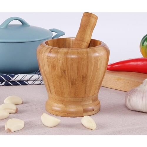 1Set Bamboo Artifact Garlic Press Pot Pedestal Bowl Masher Grinder Mortar And Pestle Grinder Set Herb Spice Crusher Kitchen Tool