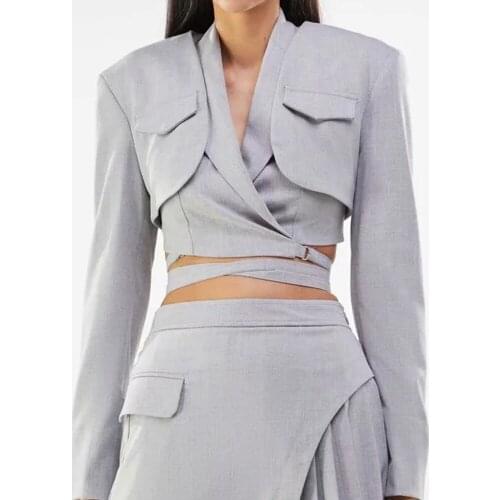 BBWM Vintage Elegant Womenn Gray jacket Fashion Female Work Suit V-neck No Buttons Coat Chic Top Casual Casaco