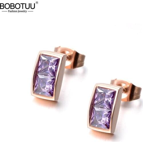 BOBOTUU Classic Stainless Steel Cubic Zirconia Stud Earrings Light Purple & White CZ Crystal Wedding Earrings For Women BE18044