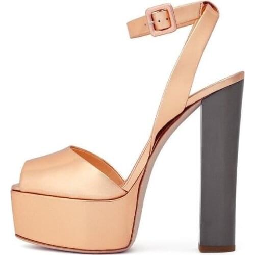 Sexy Gold Patent Leather Chunky Heels Sandals For Women Peep toe High Heeled Platform Dress Shoes Ankle Warp Gladiator Sandals
