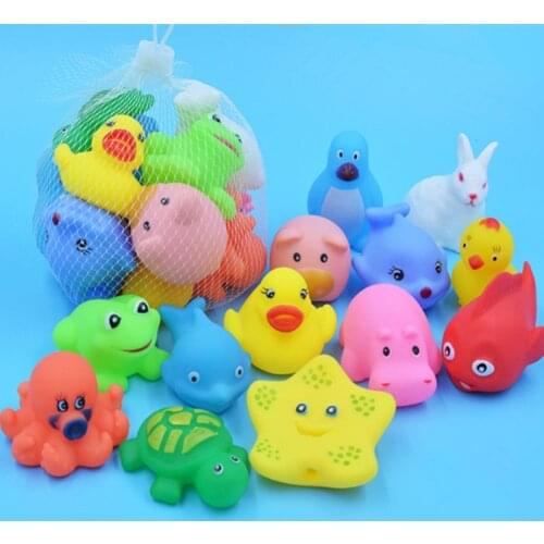 13pcs/lot Random Mixed Animals Swimming Water Toys Colorful Soft Floating Rubber Duck Squeeze Sound Squeaky Bathing Toy