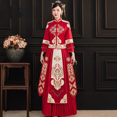 Chinese Bride Wedding Dress Red Embroidery Traditional Banquet Costume Classic Cheongsam China Qipao костюм для восточных