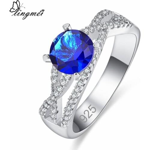 Lingmei New Arrival Round Cut Blue & White Cubic Zirconia Silver Color Ring Size 6-9 Women Bridal Wedding Engagement Jewelry