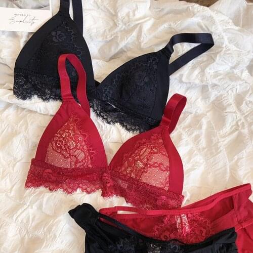 Wriufred No steel ring triangle cup thin lace bra set deep V sexy wide shoulder strap comfortable underwear sets plus size