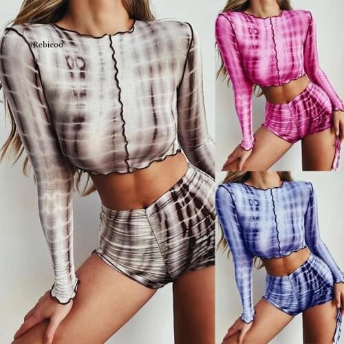Drawstring Printed Patchwork Women Matching Sets Long Sleeve Bodycon Party Club 2 Piece Outfits Crop Top and Shorts Set