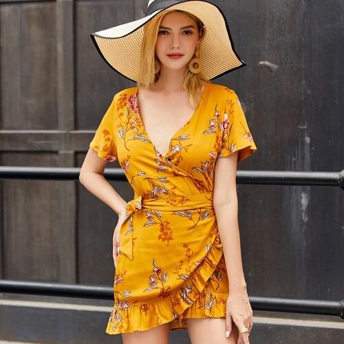 V neck Short Dress Summer Sundresses for Women Flowery Dress 2020 Casual Vacation Dress Vintage Floral Mini Sexy Retro Dress