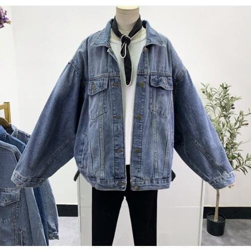 Harajuku Blue Denim Jacket Women Oversized Casual Coat Spring 2021 Loose Big pocket Vintage Batwing sleeve Jeans Vetement Femme