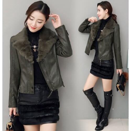 MLCRIYG Autumn Faux Leather Jacket Women Natural Rabbit Fur Collar Short PU Leather Coat Female Thick Warm Winter Jackets YQ325