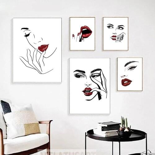 Fashion MakeUp Posters And Prints Modern Beauty Woman Face Wall Art Canvas Painting Eyelash Red Lips Picture Home Decoration