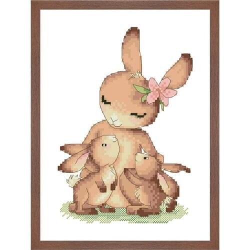 Rabbit mummy and baby cross stitch kit animal pattern 18ct 14ct 11ct white fabric cloth cotton thread embroidery DIY handmade