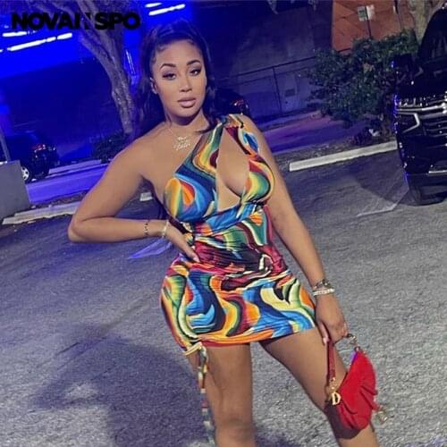 NOVAINSPO Diagonal Collar Cut Out Mini Dresses Ruched Printing Drawstring Club Outfits For Women Baddie Sexy Bodycon Party Dress