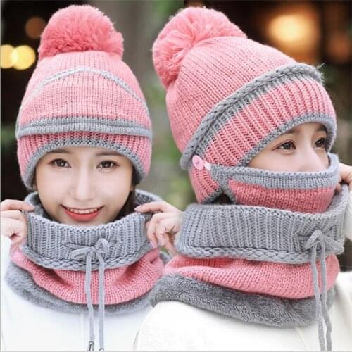New Youth Winter Thick Plus Cashmere Warm Masks Hat Scarf Autumn Winter Womens Knit Hat Wool Ball Cover Ear Collar Three Set