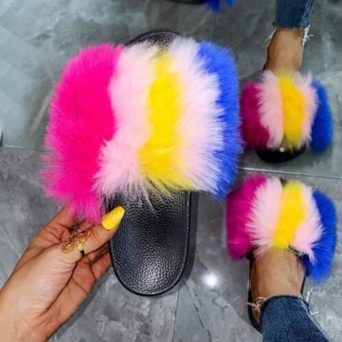 New Big Faux Fur Slippers Sandals For Women Plush Faux Fur Slider Sandals Vendor Custom Open Toe Slippers Fake Furry Flip-Flops