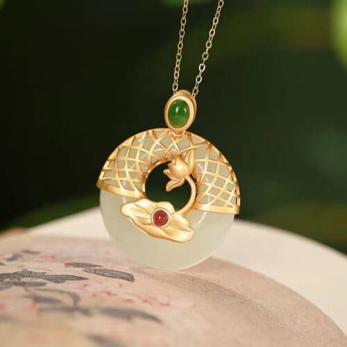 Original ancient gold craftsmanship inlaid lotus natural Hetian jade necklace pendant simple fashion ladies silver jewelry