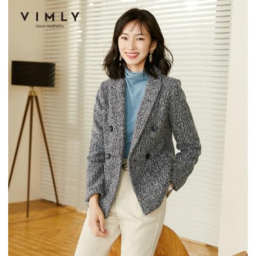Vimly Winter Wool Blazer Women Fashion Notched Plaid Striped Double Breasted Coats and Jackets Veste Femme F3687
