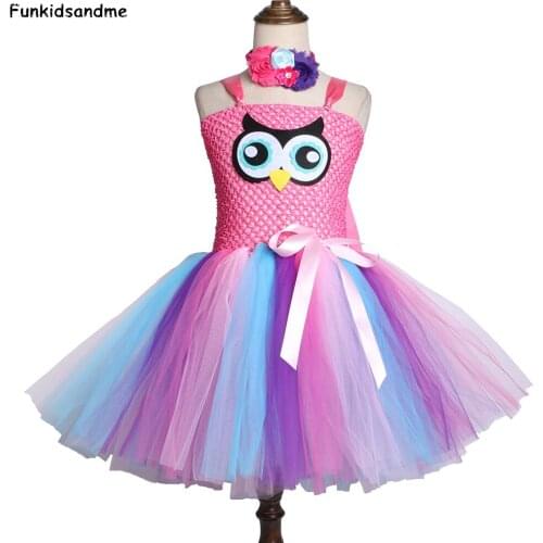 Owl Girls Tutu Dress Knee-Length Mulitcolored Tulle Princess Girls Birthday Party Dress Children Kids Halloween Owl Costume 2-12