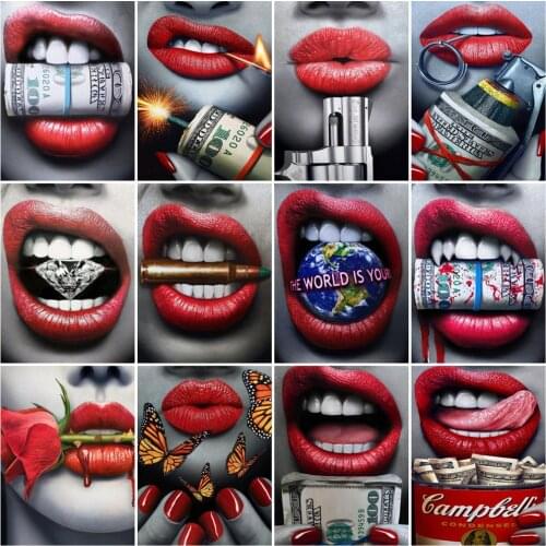 HUACAN Full Square/Round Diamond Painting Portrait Woman Mosaic Embroidery Lip Cross Stitch Diamond Art Home Art