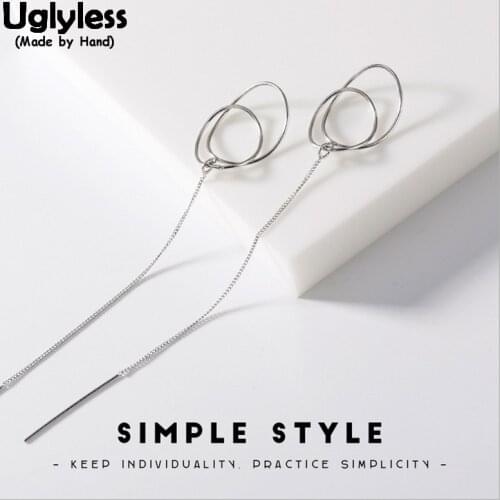 Uglyless Simple Irregular Circles Ear Line for Women 100% Real Solid 925 Sterling Silver Round Long Earrings Curved Fine Jewelry