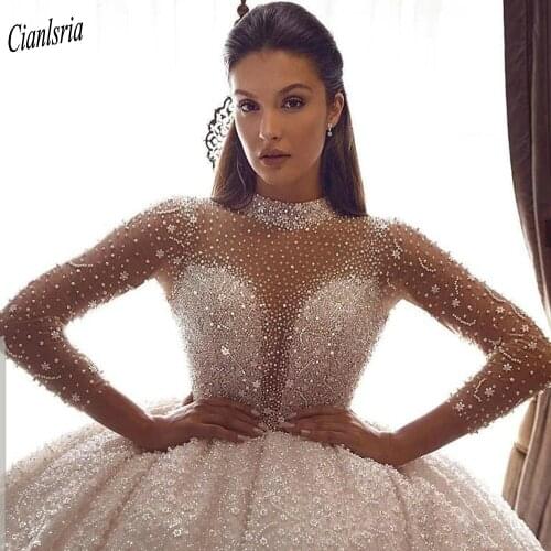 Luxurious High Neck Crystal Diamonds Dubai Saudi Arabic Lace Ball Gown Wedding Dress Long Sleeve Beading Pearls Bridal Gown