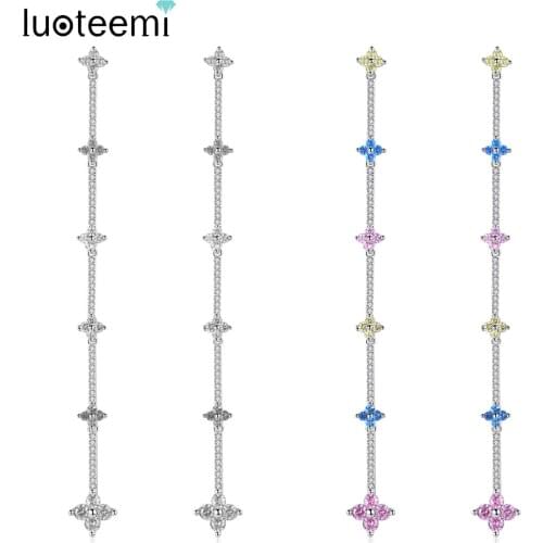 LUOTEEMI Attractive Small Flower Long Chain Thing Drop Earrings Women Bridal Wedding Double Color Dangle Earring Fashion Jewelry