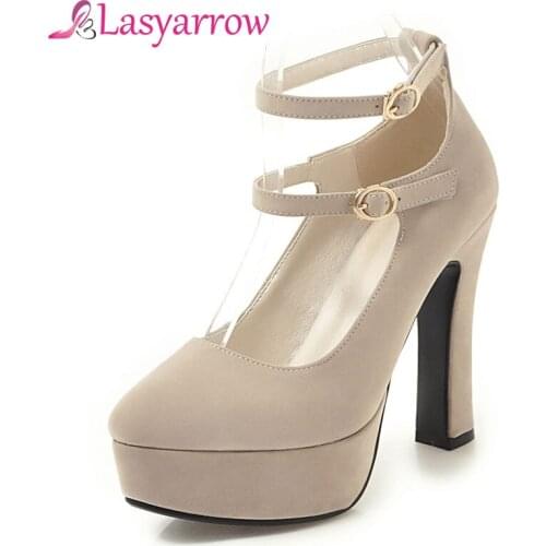 Lasyarrow Ankle Strap Gladiator Shoes Woman High Heel Round Platform Pumps Female Thick Heels Shallow Ladies Pumps Wedding Shoes