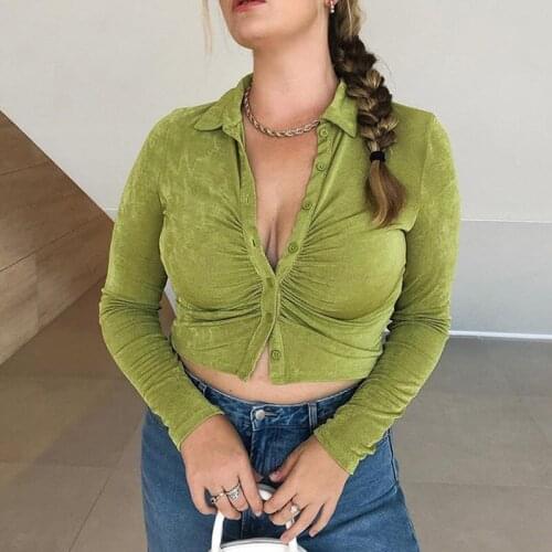 Elegant Solid Folds Bodycon Crop Top Women Long Sleeve Slim Sexy Summer Button T-Shirt 2021 Beach Party Sexy Club Ladies Clothes