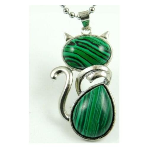 2020 Natural Stone Quartz Crystal malachite beads Pendant Cute Cat Shape pendant with Chain for Girls Women Jewelry necklace 1PC